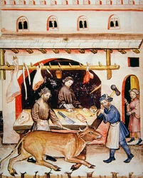 Die Metzger: Kalbfleisch, Illustration aus Tacuinum Sanitatis Codex Vindobonensis